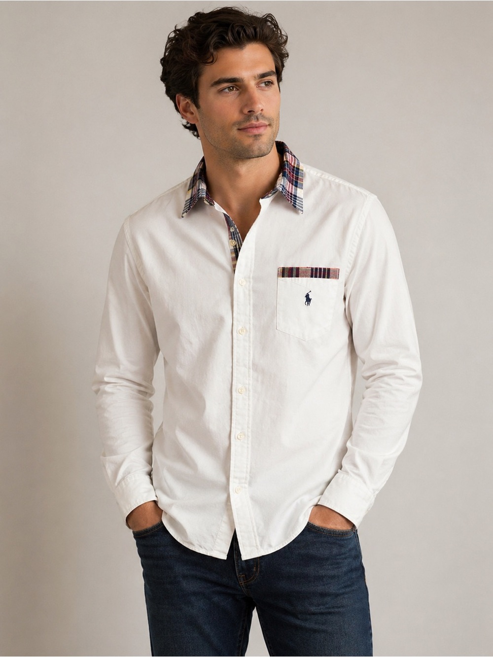 Ralph Lauren White Casual Button Down Shirt with Dark Trim